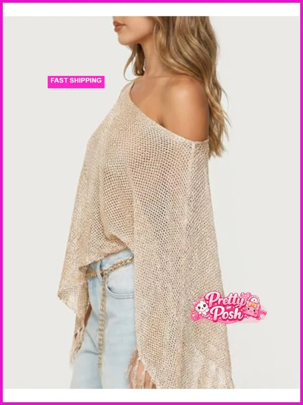 Sheer Knit Fringe Poncho Asymmetric One Shoulder Beach Cover Up